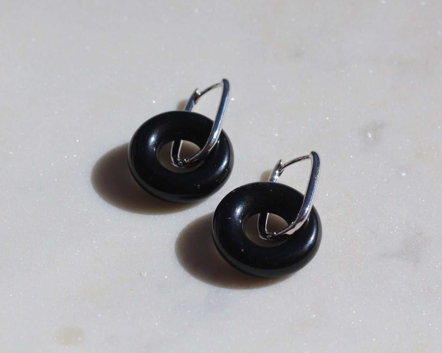 Black Agate & Silver Oval Huggies